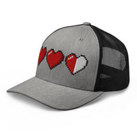 Heather Grey/White trucker hat featuring 3 Heart Meter Retro 8 Bit Video Game Pixelated embroidered artwork, product image 8