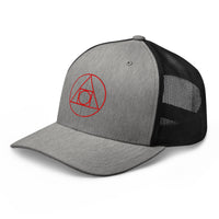 Heather Grey/White trucker hat featuring Philosopher's Stone Red Alchemy Symbol embroidered artwork, product image 8