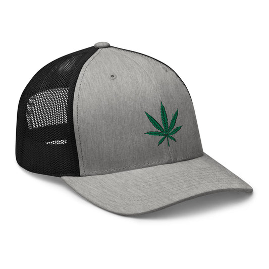 Black trucker hat featuring Cannabis Pot Leaf Marijuana Embroidered Retro embroidered artwork, product image 1