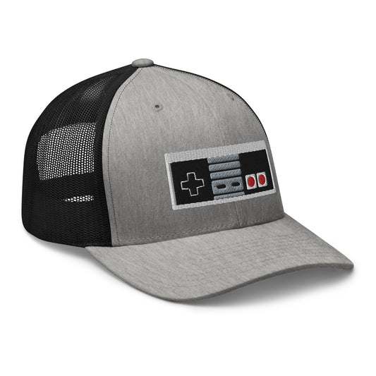 Black trucker hat featuring Classic 80's Game Controller Embroidered Retro embroidered artwork, product image 1