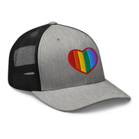 Heather Grey/White trucker hat featuring Gay Pride Rainbow Colors Heart embroidered artwork, product image 8