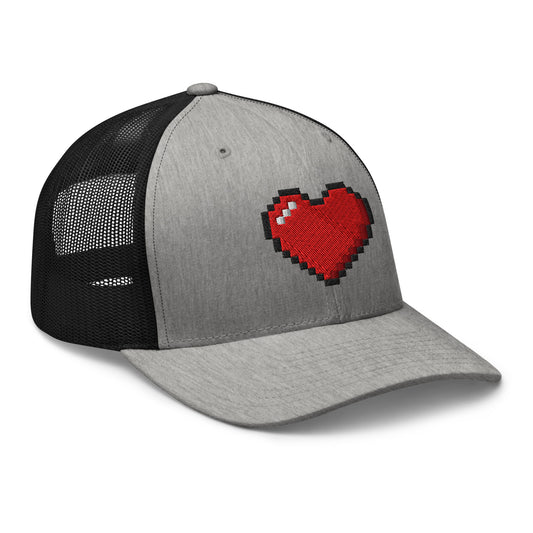 Black trucker hat featuring Retro 8 Bit Video Game Pixelated Heart embroidered artwork, product image 1
