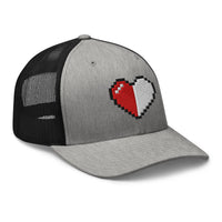 Heather Grey/White trucker hat featuring Retro 8 Bit Video Game Pixelated Half Life Heart embroidered artwork, product image 8