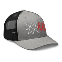 Heather Grey/White trucker hat featuring Sigil of Azazel Demon Occult Symbol embroidered artwork, product image 8