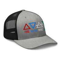 Heather Grey/White trucker hat featuring Four Elements of Matter: Fire, Water, Wind, Earth embroidered artwork, product image 8