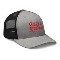 Heather Grey/White trucker hat featuring Carpe Noctem Red Seize The Night Vampire embroidered artwork, product image 8