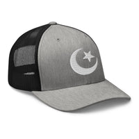 Heather Grey/White trucker hat featuring Star and Crescent Moon White Ancient Symbol embroidered artwork, product image 8