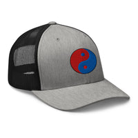 Heather Grey/White trucker hat featuring Fire Ice Yin Yang Chinese Symbol embroidered artwork, product image 8