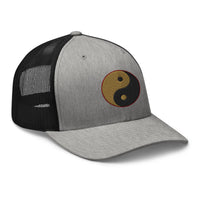 Heather Grey/White trucker hat featuring Yin Yang Gold Chinese Symbol embroidered artwork, product image 8