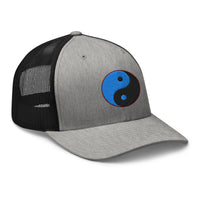 Heather Grey/White trucker hat featuring Yin Yang Blue Chinese Symbol embroidered artwork, product image 8