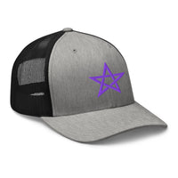 Heather Grey/White trucker hat featuring Purple Wiccan Woven Pentagram Symbol embroidered artwork, product image 8