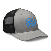Heather Grey/White trucker hat featuring Blue Wiccan Witchcraft Pentagram embroidered artwork, product image 8
