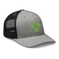 Heather Grey/White trucker hat featuring Green Bio Hazard Symbol Warning Sign embroidered artwork, product image 8