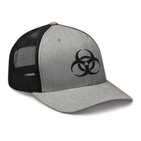 Heather Grey/White trucker hat featuring Black Bio Hazard Symbol Warning Sign embroidered artwork, product image 8
