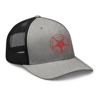 Heather Grey/White trucker hat featuring Red Sigil of Baphomet Satanic Symbol embroidered artwork, product image 8