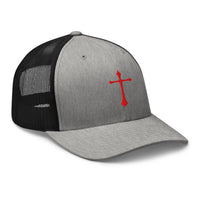 Heather Grey/White trucker hat featuring Red Gothic Medeival Cross embroidered artwork, product image 8