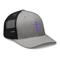 Heather Grey/White trucker hat featuring Purple Gothic Medeival Cross embroidered artwork, product image 8