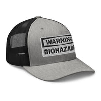 Heather Grey/White trucker hat featuring White Warning Sign Bio Hazard embroidered artwork, product image 8