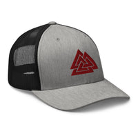 Heather Grey/White trucker hat featuring Red Viking The valknut Triangles of Power embroidered artwork, product image 8