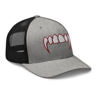 Heather Grey/White trucker hat featuring Bloody Dracula Vampire Fangs embroidered artwork, product image 8