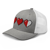 White trucker hat featuring 3 Heart Meter Retro 8 Bit Video Game Pixelated embroidered artwork, product image 9