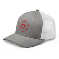 White trucker hat featuring Philosopher's Stone Red Alchemy Symbol embroidered artwork, product image 9