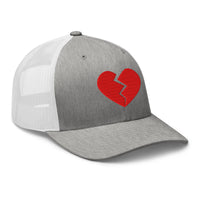 White trucker hat featuring Red Broken Heart Valentine's Day embroidered artwork, product image 9