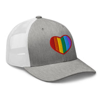 White trucker hat featuring Gay Pride Rainbow Colors Heart embroidered artwork, product image 9