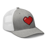 White trucker hat featuring Retro 8 Bit Video Game Pixelated Heart embroidered artwork, product image 9
