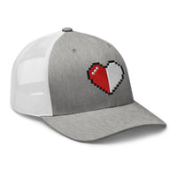 White trucker hat featuring Retro 8 Bit Video Game Pixelated Half Life Heart embroidered artwork, product image 9
