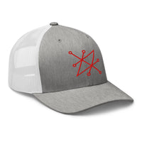 White trucker hat featuring Red Sigil of Fallen Angel Azazel Occult Symbol embroidered artwork, product image 9