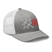 White trucker hat featuring Sigil of Azazel Demon Occult Symbol embroidered artwork, product image 9