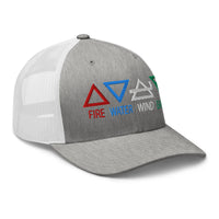 White trucker hat featuring Four Elements of Matter: Fire, Water, Wind, Earth embroidered artwork, product image 9