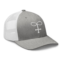 White trucker hat featuring Alchemy Glass Occult Symbol embroidered artwork, product image 9