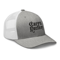 White trucker hat featuring Carpe Noctem Black Seize The Night Vampire embroidered artwork, product image 9