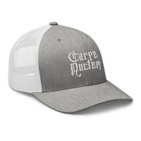 White trucker hat featuring Carpe Noctem White Seize The Night Vampire embroidered artwork, product image 9