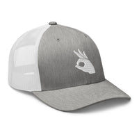 White trucker hat featuring Okay Sign Hand Gesture Symbol embroidered artwork, product image 9