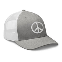 White trucker hat featuring Peace Symbol Icon Namaste No War embroidered artwork, product image 9
