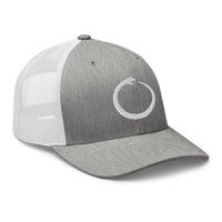 White trucker hat featuring Ouroboros Snake Eating Tail Alchemy Symbol embroidered artwork, product image 9