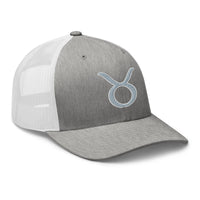 White trucker hat featuring Zodiac Sign Taurus embroidered artwork, product image 9