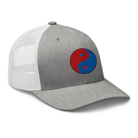 White trucker hat featuring Fire Ice Yin Yang Chinese Symbol embroidered artwork, product image 9