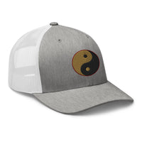 White trucker hat featuring Yin Yang Gold Chinese Symbol embroidered artwork, product image 9
