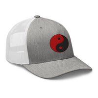 White trucker hat featuring Yin Yang Red Chinese Symbol embroidered artwork, product image 9
