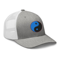 White trucker hat featuring Yin Yang Blue Chinese Symbol embroidered artwork, product image 9