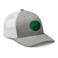 White trucker hat featuring Yin Yang Green Chinese Symbol embroidered artwork, product image 9