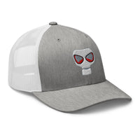 White trucker hat featuring WWII Era Bio Hazard Gas Mask embroidered artwork, product image 9
