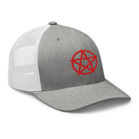 White trucker hat featuring Red Witchcraft Woven Pentacle Pagan embroidered artwork, product image 9