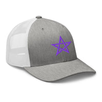 White trucker hat featuring Purple Wiccan Woven Pentagram Symbol embroidered artwork, product image 9