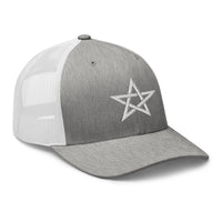 White trucker hat featuring White Wiccan Woven Pentagram Symbol embroidered artwork, product image 9