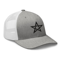 White trucker hat featuring Black Wiccan Woven Pentagram Symbol embroidered artwork, product image 9